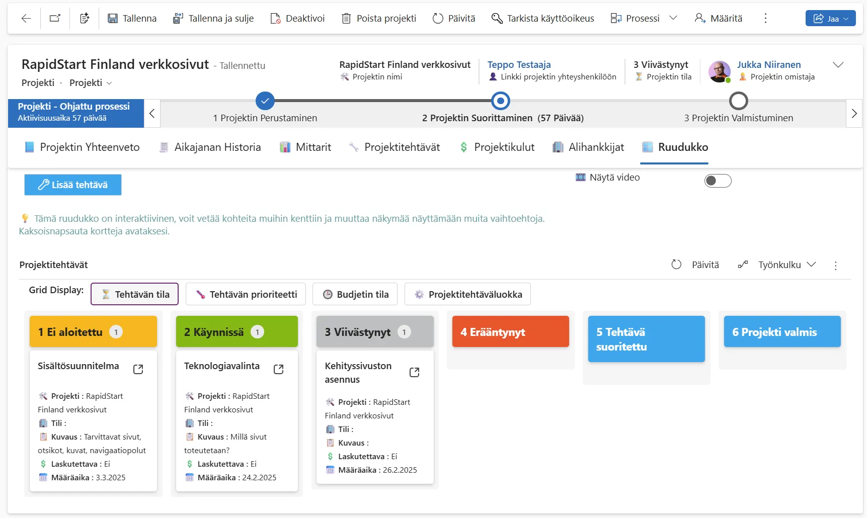 Projektitehtävien tila Kanban-näkymässä