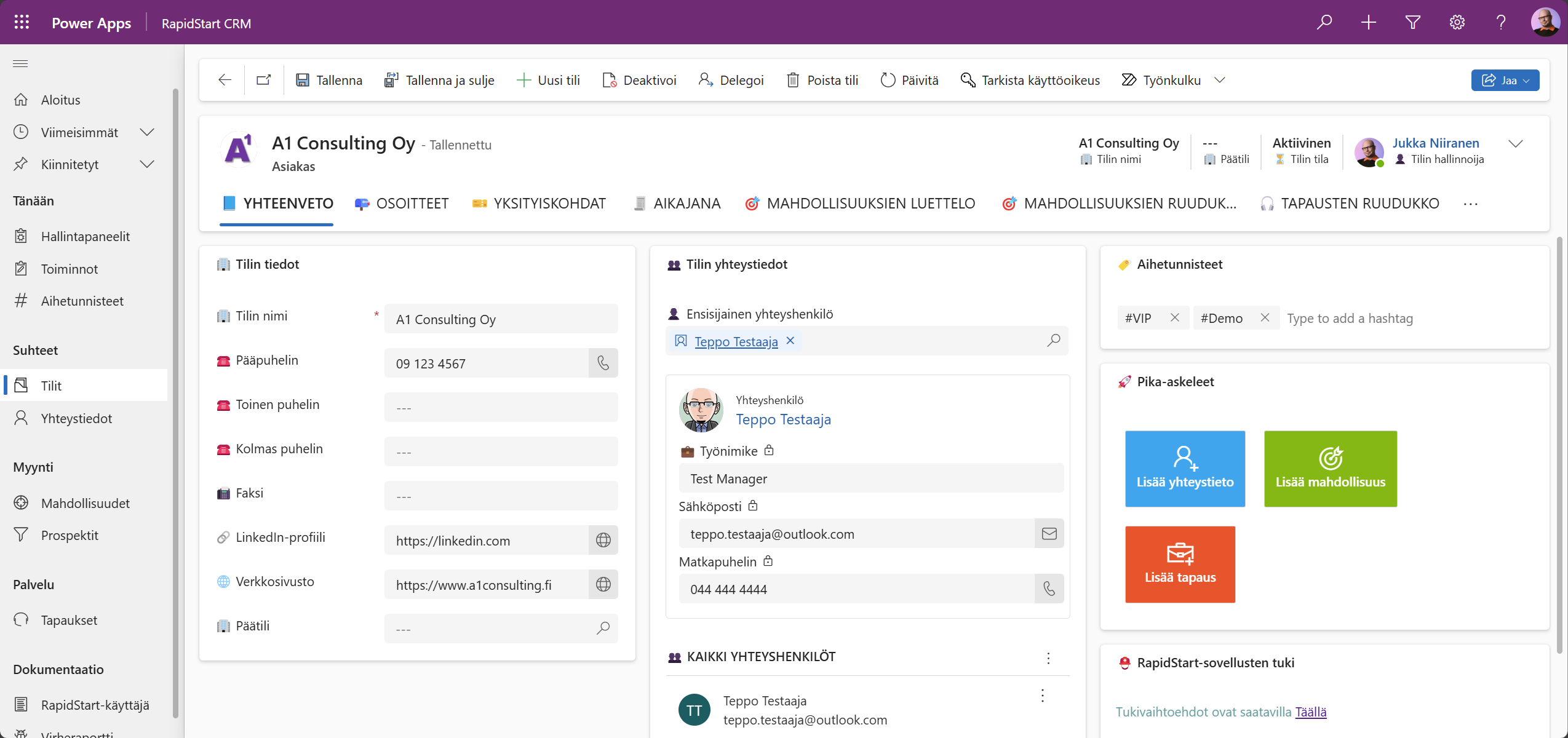 RapidStart CRM – asiakaskortti yhteisissä CRM-toiminnoissa