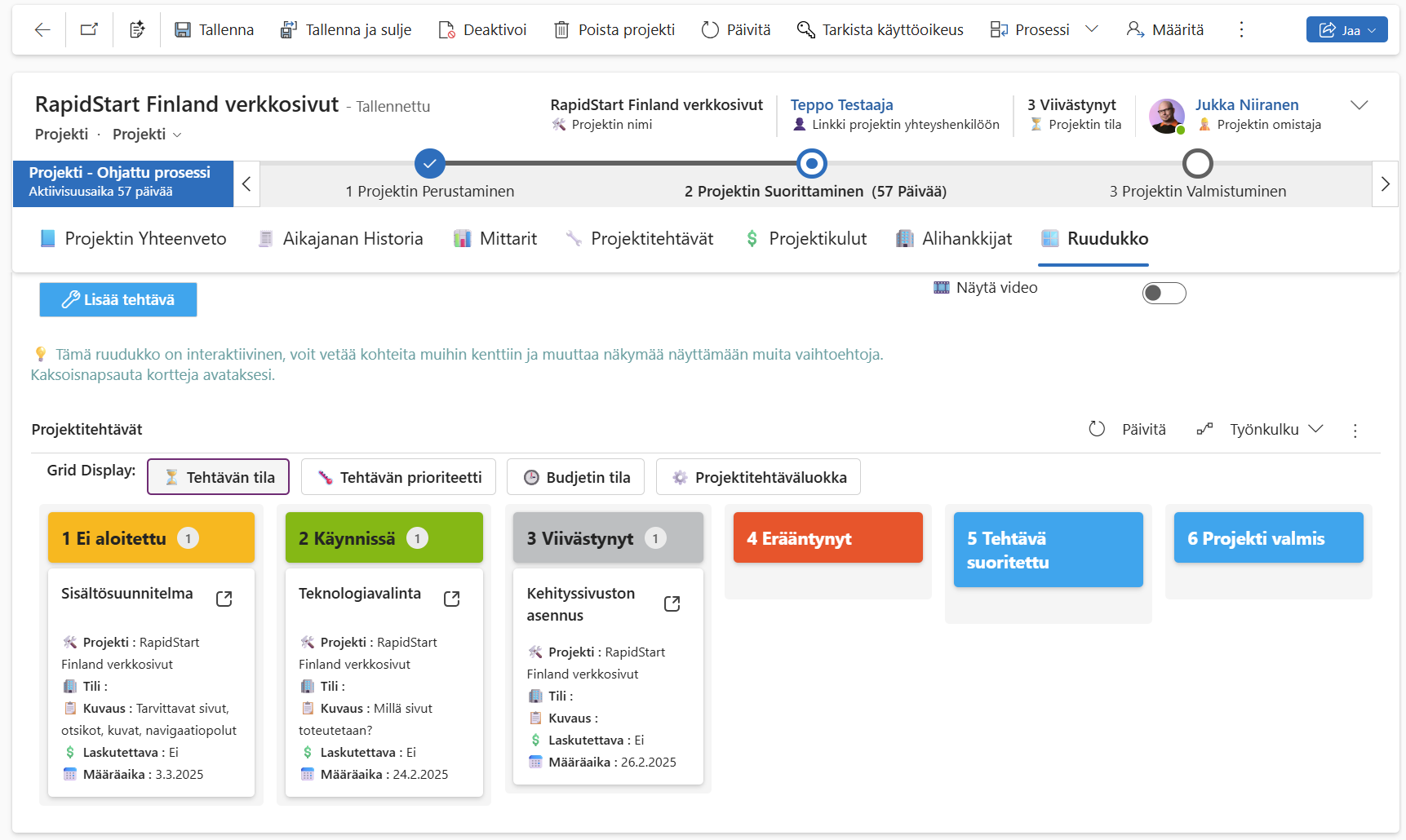 RapidStart CRM – projektien Kanban-näkymä
