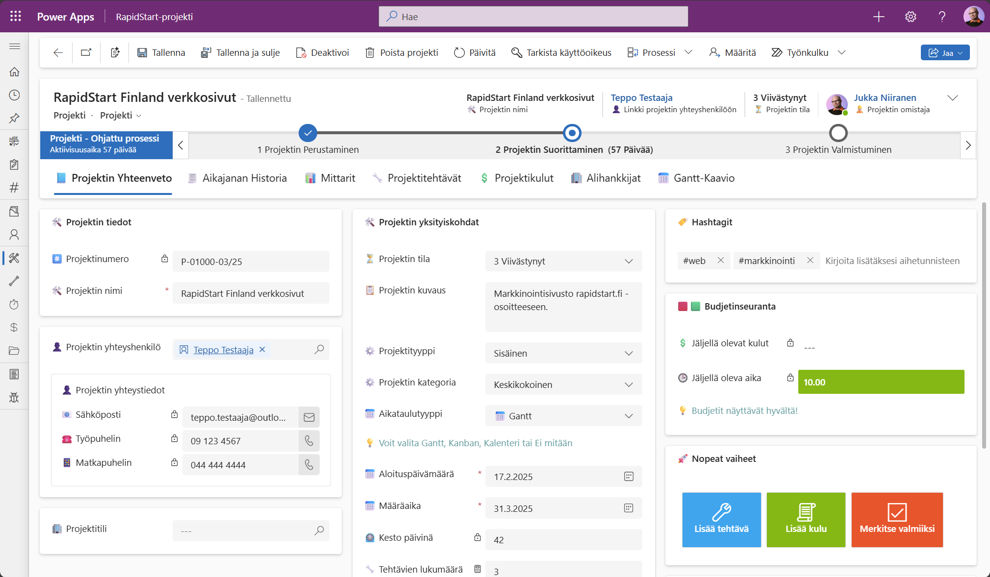 RapidStart CRM – projektinäkymä