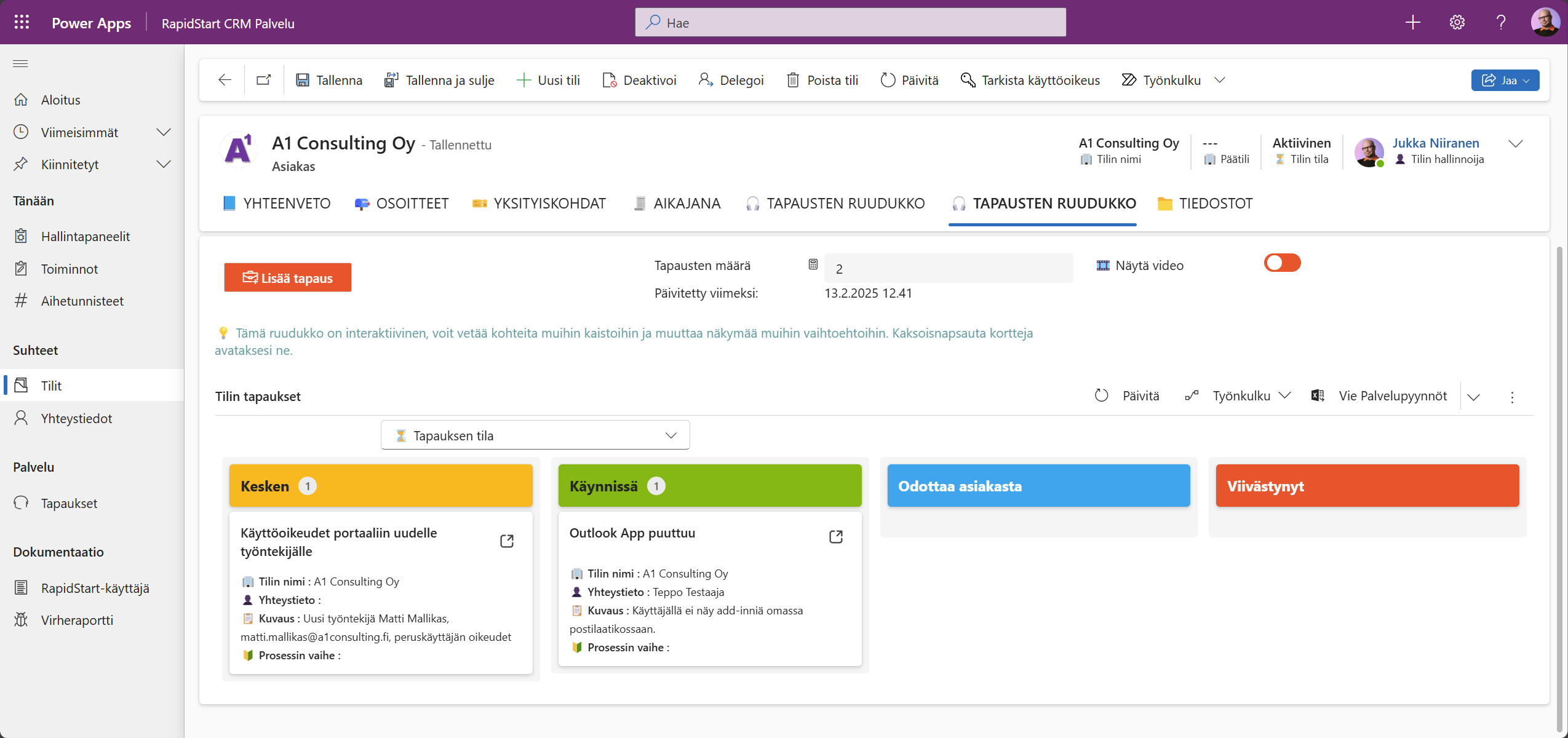 RapidStart CRM – tapausten listanäkymä