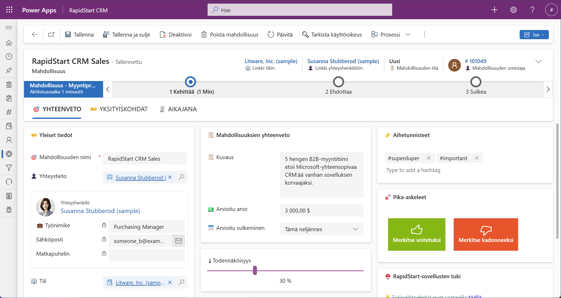 RapidStart CRM – myyntimahdollisuuden hallinta Power Apps -sovelluksessa